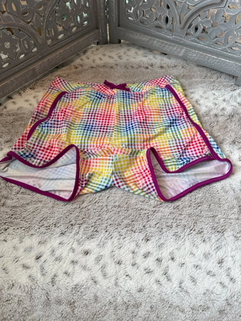 Lands' End rainbow plaid active shorts girls xlarge sporty athletic activewear